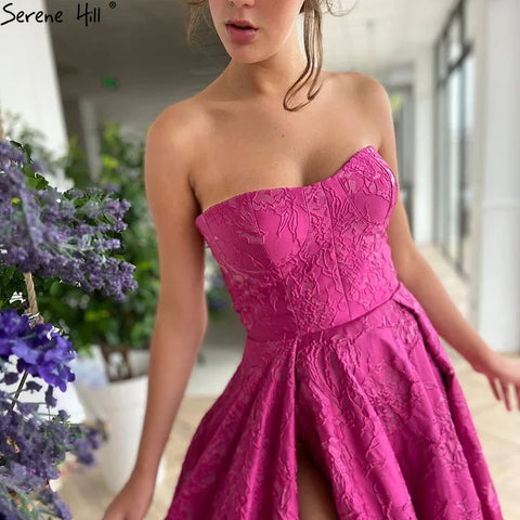 Vestidos de noche elegantes color fucsia árabe 2025. Vestido largo formal sin mangas de corte línea A de lujo de Dubái, diseño LA70699 