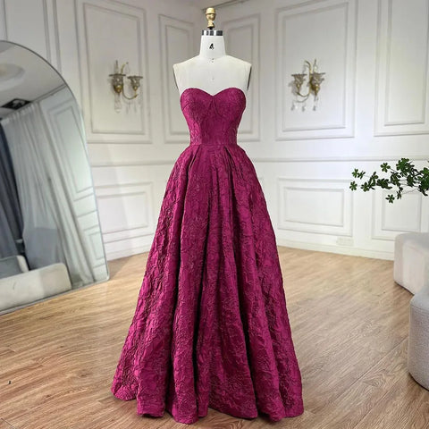 Vestidos de noche elegantes color fucsia árabe 2025. Vestido largo formal sin mangas de corte línea A de lujo de Dubái, diseño LA70699 