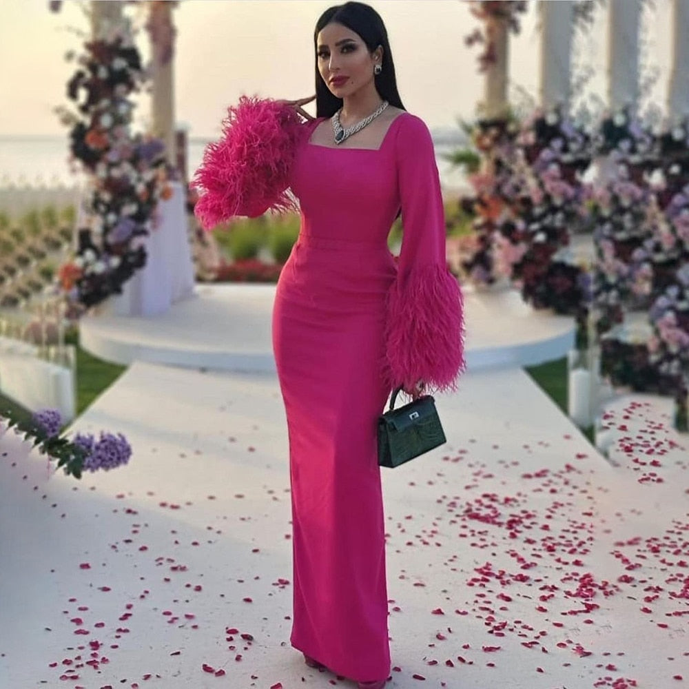 Arabic Fuchsia Elegant Mermaid Sexy Feathers Evening Dresses Gowns 2025 For Women Wedding Party LA71987