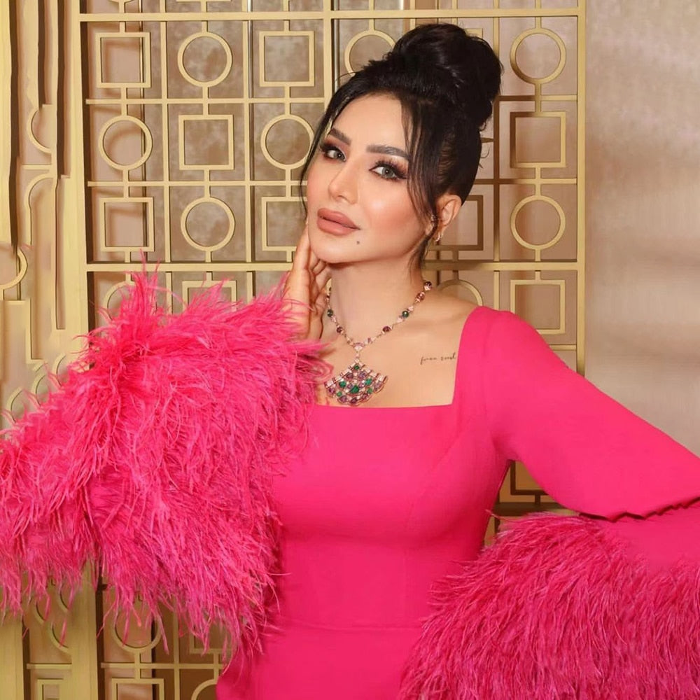 Arabic Fuchsia Elegant Mermaid Sexy Feathers Evening Dresses Gowns 2025 For Women Wedding Party LA71987