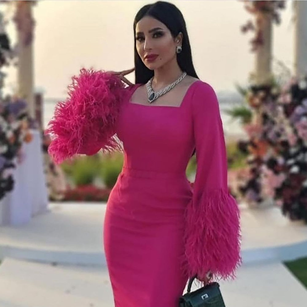 Arabic Fuchsia Elegant Mermaid Sexy Feathers Evening Dresses Gowns 2025 For Women Wedding Party LA71987