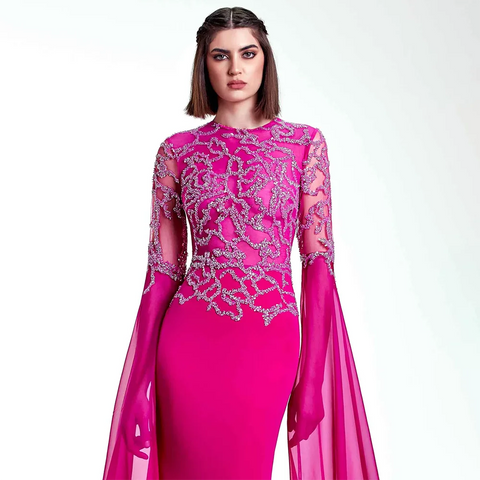 Vestido de noche de lujo estilo sirena, color fucsia árabe, con mangas tipo capa, adornado con cuentas y guantes, ideal para fiestas femeninas (2025) LA72509 