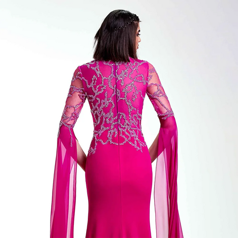 Vestido de noche de lujo estilo sirena, color fucsia árabe, con mangas tipo capa, adornado con cuentas y guantes, ideal para fiestas femeninas (2025) LA72509 
