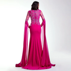 Arabic Fuchsia Mermaid Cape Sleeves Luxury Dubai Evening Dress Beaded With Gloves for Women's Party 2025 LA72509