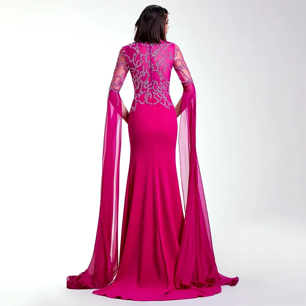 Arabic Fuchsia Mermaid Cape Sleeves Luxury Dubai Evening Dress Beaded With Gloves for Women's Party 2025 LA72509