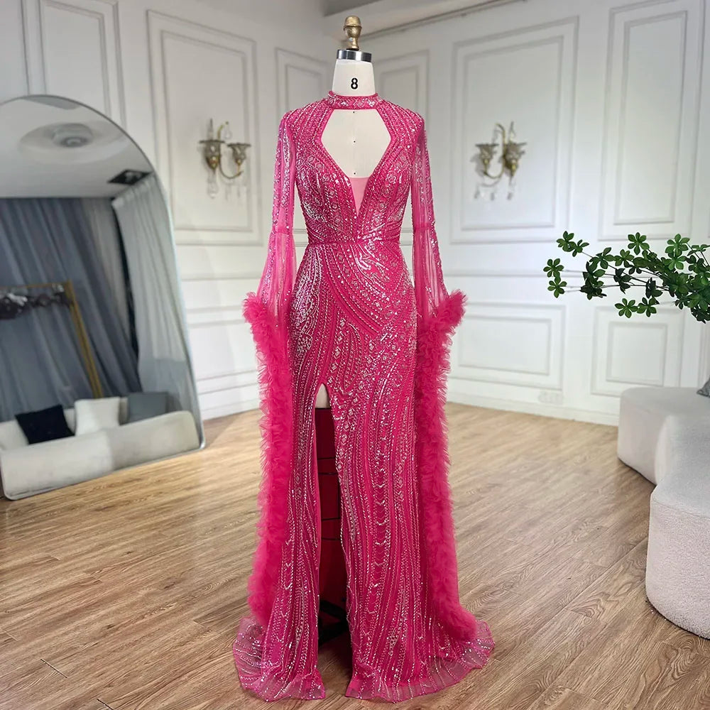 Arabic Fuchsia Mermaid Gown with Bell Sleeves and Beaded Feathers | Evening Gowns for Women - Wedding Party LA72597