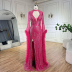 Arabic Fuchsia Mermaid Gown with Bell Sleeves and Beaded Feathers | Evening Gowns for Women - Wedding Party LA72597