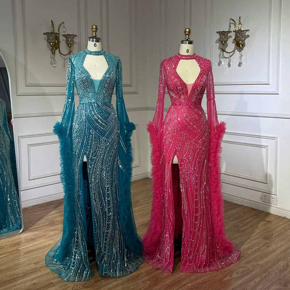 Arabic Fuchsia Mermaid Gown with Bell Sleeves and Beaded Feathers | Evening Gowns for Women - Wedding Party LA72597