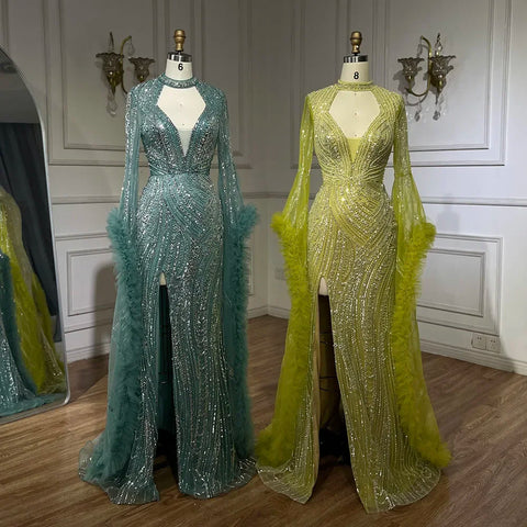 Vestido de sirena fucsia árabe con mangas acampanadas y plumas con cuentas | Vestidos de noche para mujer - Bodas LA72597 