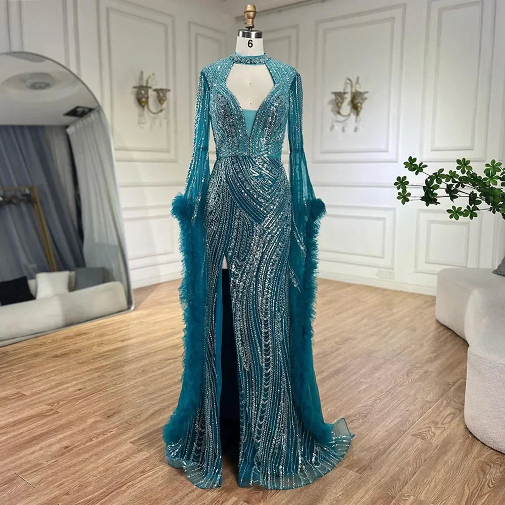 Arabic Fuchsia Mermaid Gown with Bell Sleeves and Beaded Feathers | Evening Gowns for Women - Wedding Party LA72597