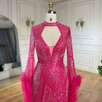 Arabic Fuchsia Mermaid Gown with Bell Sleeves and Beaded Feathers | Evening Gowns for Women - Wedding Party LA72597