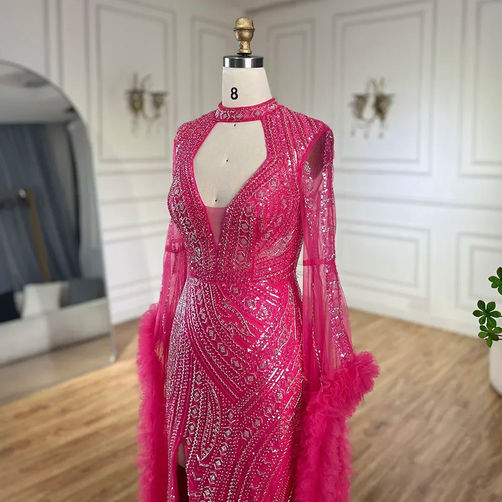 Arabic Fuchsia Mermaid Gown with Bell Sleeves and Beaded Feathers | Evening Gowns for Women - Wedding Party LA72597