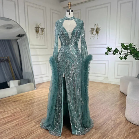 Vestido de sirena fucsia árabe con mangas acampanadas y plumas con cuentas | Vestidos de noche para mujer - Bodas LA72597 