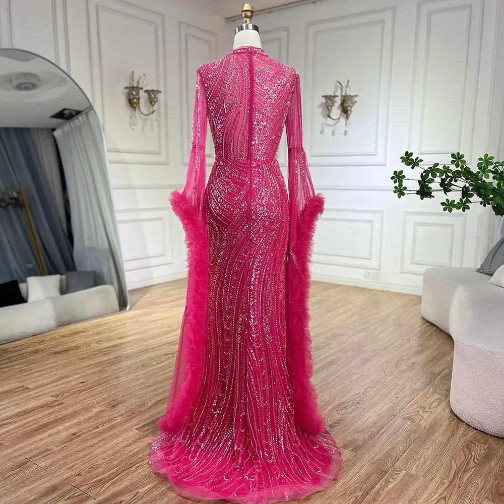 Arabic Fuchsia Mermaid Gown with Bell Sleeves and Beaded Feathers | Evening Gowns for Women - Wedding Party LA72597