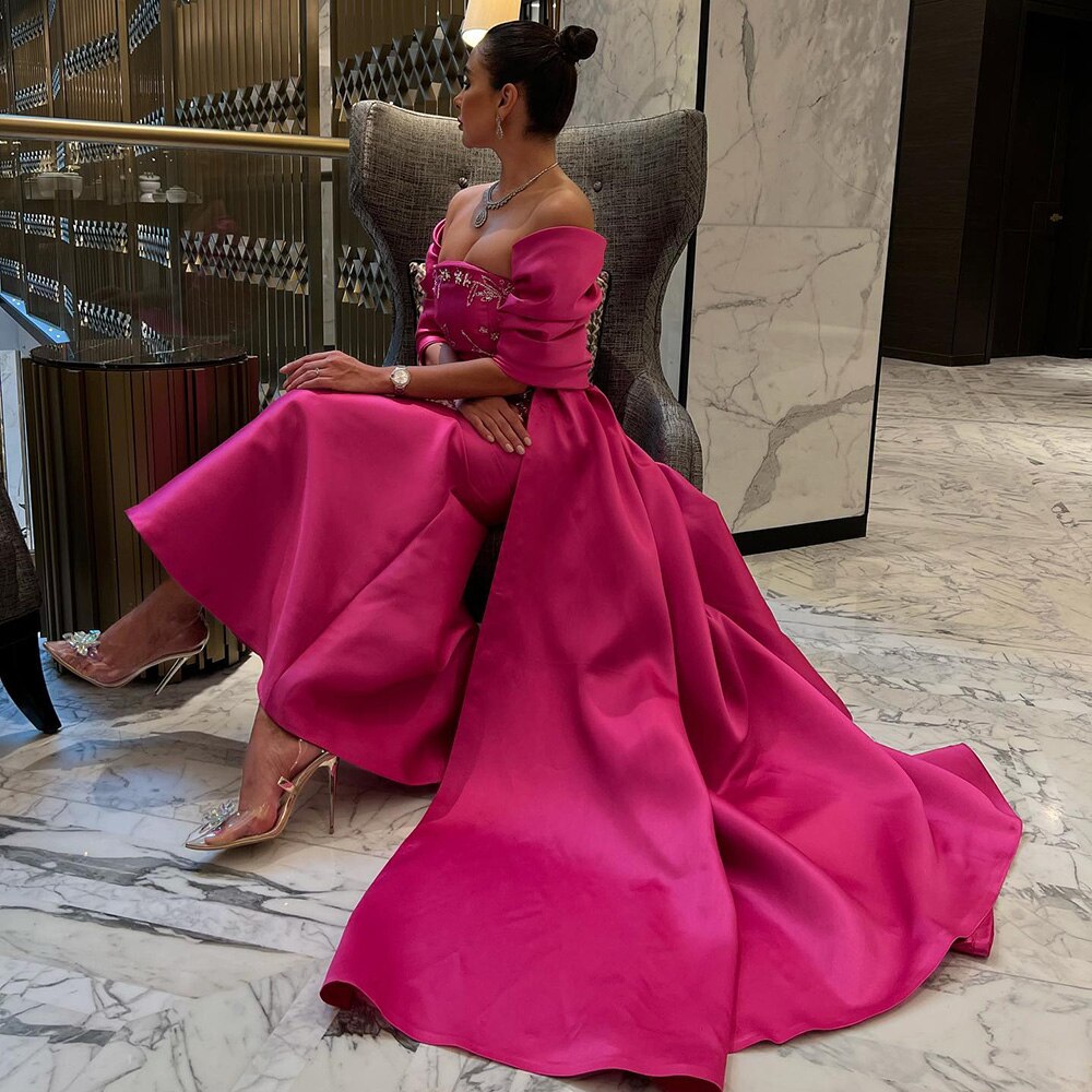 Arabic Fuchsia Satin Mermaid Strapless With Jacket Beaded Evening Dresses Gowns 2025 For Women Wedding Party LA71896