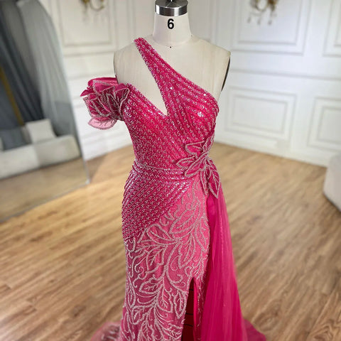 Vestido de noche de sirena con falda de tul y un solo hombro, color fucsia árabe, con cuentas | Boda 2025 LA72599 