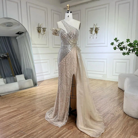 Vestido de noche de sirena con falda de tul y un solo hombro, color fucsia árabe, con cuentas | Boda 2025 LA72599 