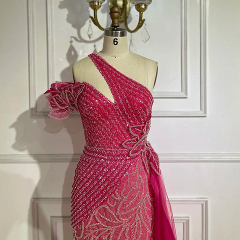 Vestido de noche de sirena con falda de tul y un solo hombro, color fucsia árabe, con cuentas | Boda 2025 LA72599 