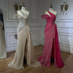 Vestido de noche de sirena con falda de tul y un solo hombro, color fucsia árabe, con cuentas | Boda 2025 LA72599 