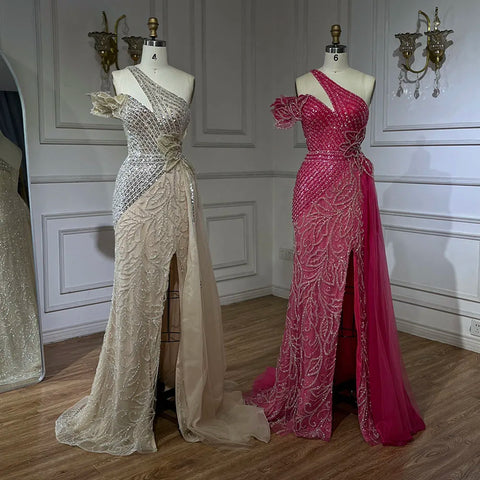 Vestido de noche de sirena con falda de tul y un solo hombro, color fucsia árabe, con cuentas | Boda 2025 LA72599 