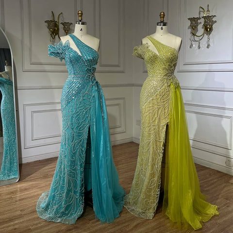 Vestido de noche de sirena con falda de tul y un solo hombro, color fucsia árabe, con cuentas | Boda 2025 LA72599 