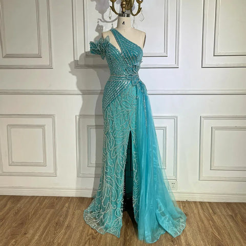 Vestido de noche de sirena con falda de tul y un solo hombro, color fucsia árabe, con cuentas | Boda 2025 LA72599 