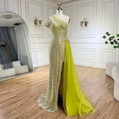 Vestido de noche de sirena con falda de tul y un solo hombro, color fucsia árabe, con cuentas | Boda 2025 LA72599 