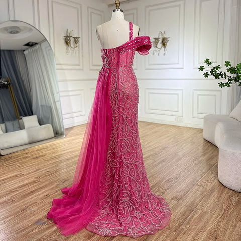 Vestido de noche de sirena con falda de tul y un solo hombro, color fucsia árabe, con cuentas | Boda 2025 LA72599 