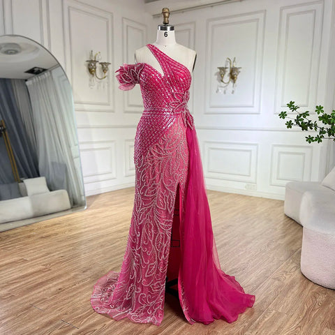 Vestido de noche de sirena con falda de tul y un solo hombro, color fucsia árabe, con cuentas | Boda 2025 LA72599 