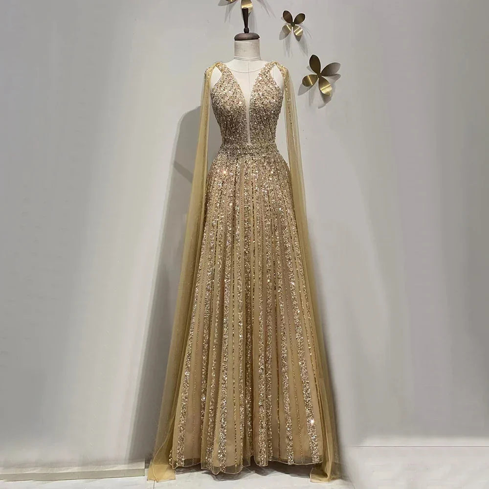Arabic Gold A Line Cape Sleeves Beaded Luxury Dubai Long Evening Dresses Gowns 2025 For Women Wedding Party LA71941