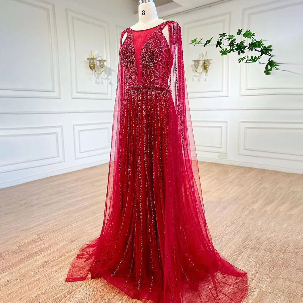 Arabic Gold A Line Cape Sleeves Beaded Luxury Dubai Long Evening Dresses Gowns 2025 For Women Wedding Party LA71941
