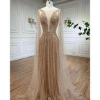 Robe de soirée longue style arabe dorée, coupe trapèze, manches cape, perles, luxueuse, Dubaï, 2025, pour femmes, fête de mariage, LA71941 