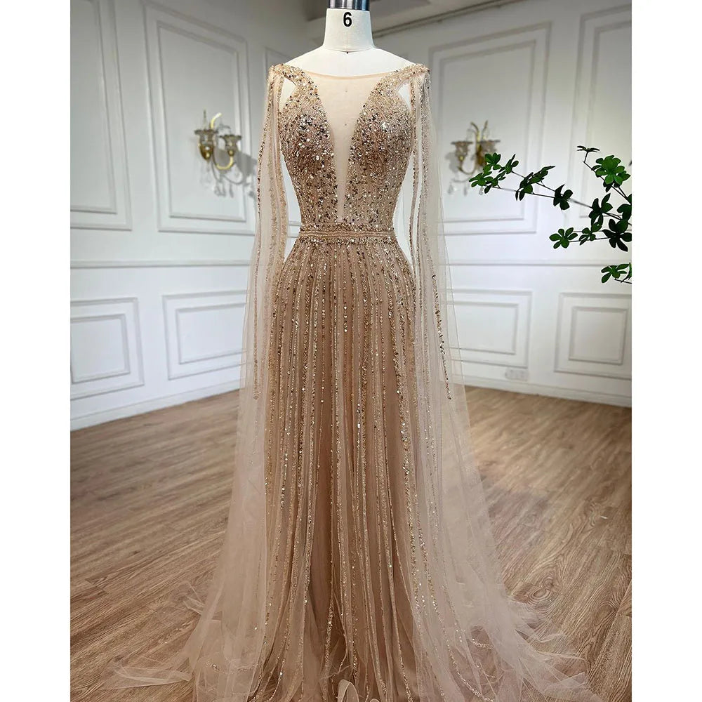 Arabic Gold A Line Cape Sleeves Beaded Luxury Dubai Long Evening Dresses Gowns 2025 For Women Wedding Party LA71941