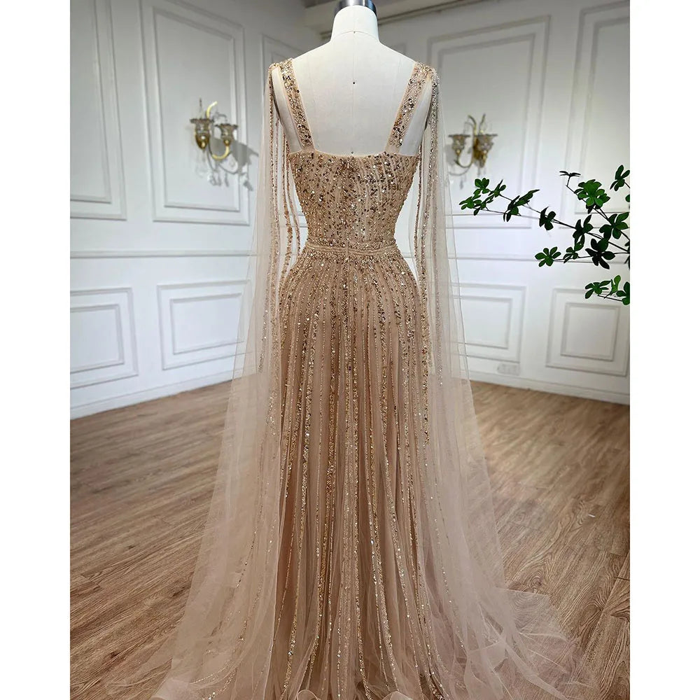 Robe de soirée longue style arabe dorée, coupe trapèze, manches cape, perles, luxueuse, Dubaï, 2025, pour femmes, fête de mariage, LA71941 