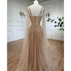 Robe de soirée longue style arabe dorée, coupe trapèze, manches cape, perles, luxueuse, Dubaï, 2025, pour femmes, fête de mariage, LA71941 