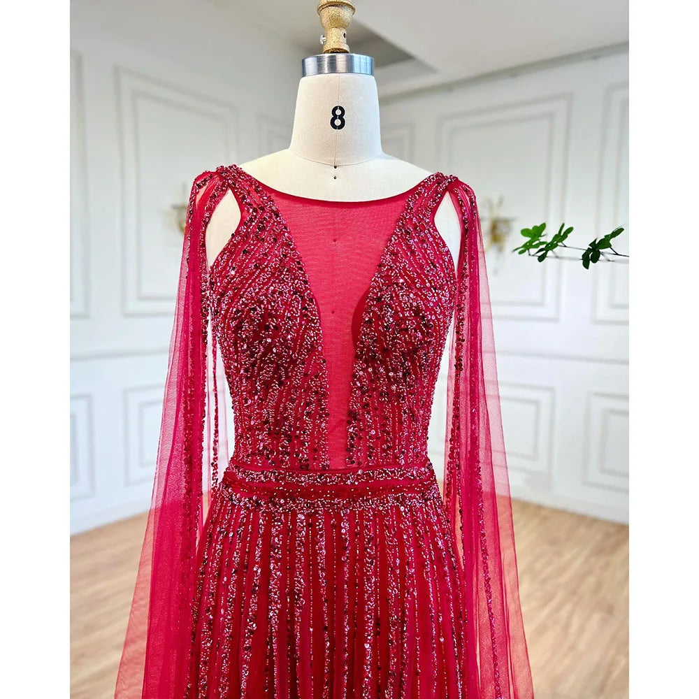 Robe de soirée longue style arabe dorée, coupe trapèze, manches cape, perles, luxueuse, Dubaï, 2025, pour femmes, fête de mariage, LA71941 