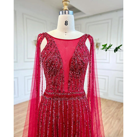 Vestidos largos de noche de lujo estilo Dubái, corte A, manga capa, bordados y con cuentas, colección 2025, para mujer, ideales para bodas y fiestas (LA71941) 