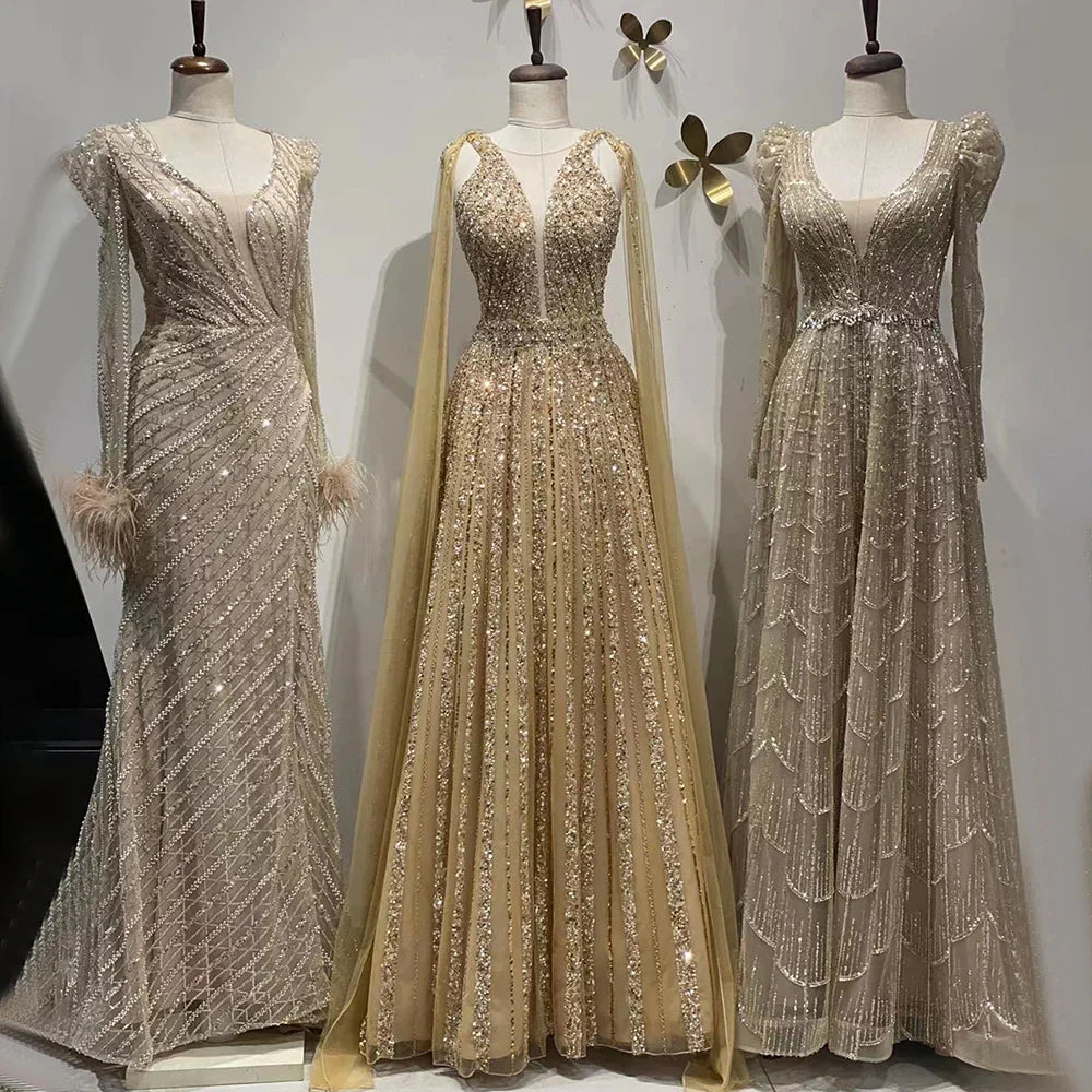 Arabic Gold A Line Cape Sleeves Beaded Luxury Dubai Long Evening Dresses Gowns 2025 For Women Wedding Party LA71941