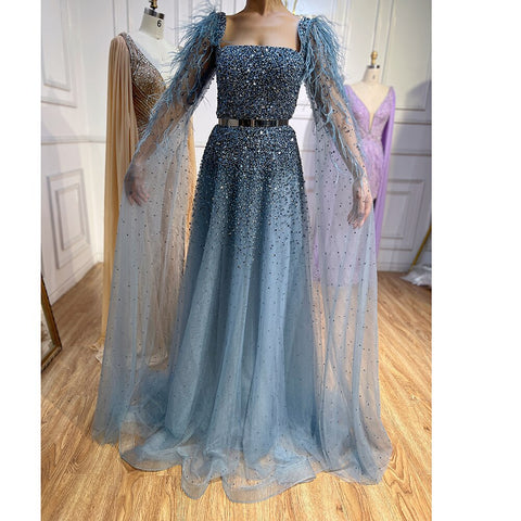 Vestidos de noche de lujo para mujer, estilo árabe, dorado, corte en A, con plumas, mangas tipo capa y cuentas, para fiestas, colección 2025 LA71782 