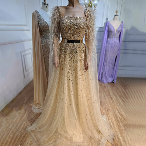 Vestidos de noche de lujo para mujer, estilo árabe, dorado, corte en A, con plumas, mangas tipo capa y cuentas, para fiestas, colección 2025 LA71782 