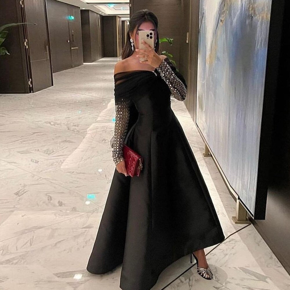 Arabic Gold Satin A-Line Beaded Crystal Luxury Dubai Evening Dresses Gowns 2025 For Women Wedding Party LA71954