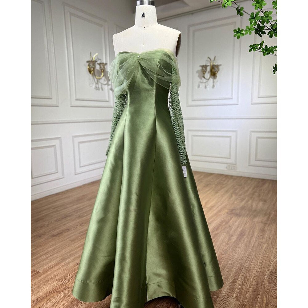 Arabic Gold Satin A-Line Beaded Crystal Luxury Dubai Evening Dresses Gowns 2025 For Women Wedding Party LA71954