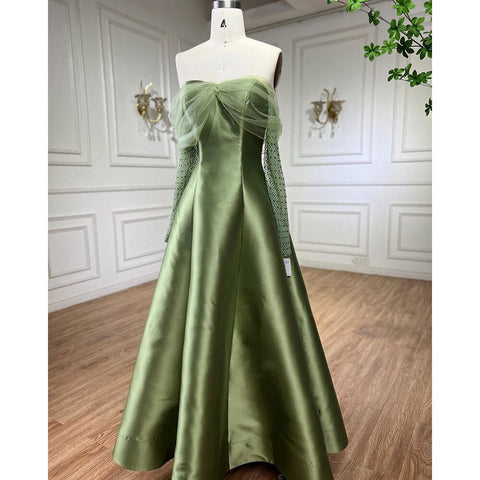 Vestidos de noche de lujo estilo Dubái, corte en A, satén dorado árabe, con cuentas y cristales, colección 2025, para mujer, ideales para bodas y fiestas (LA71954) 