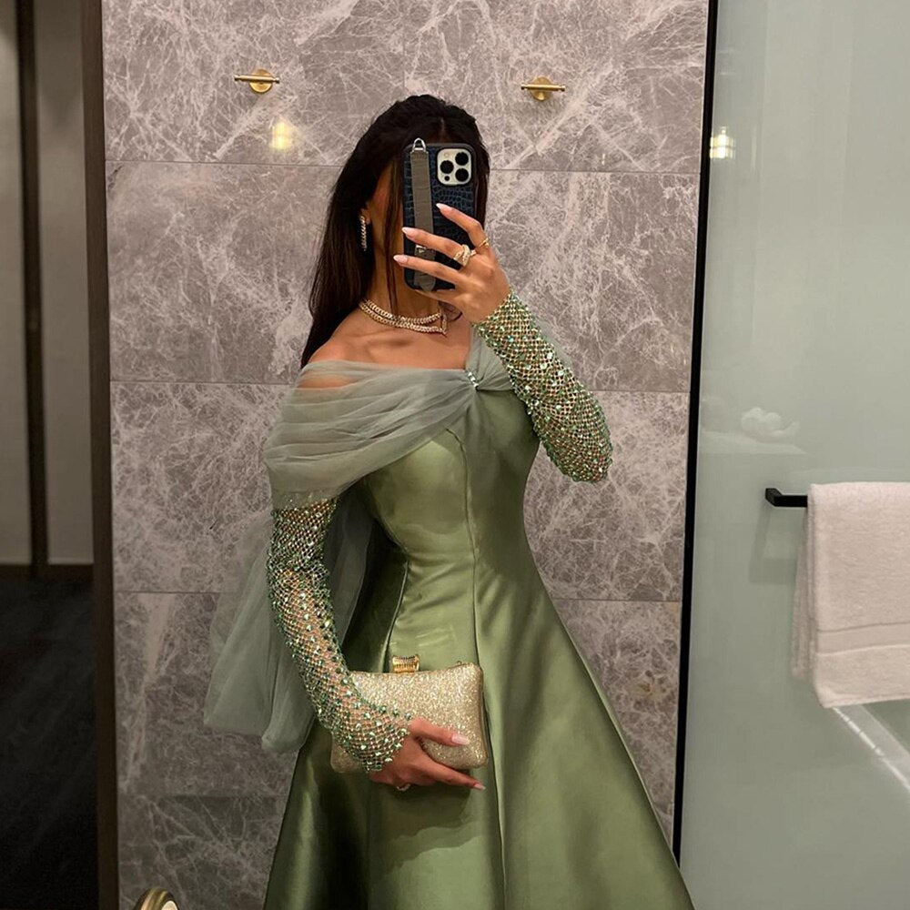 Arabic Gold Satin A-Line Beaded Crystal Luxury Dubai Evening Dresses Gowns 2025 For Women Wedding Party LA71954