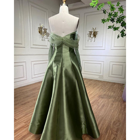 Vestidos de noche de lujo estilo Dubái, corte en A, satén dorado árabe, con cuentas y cristales, colección 2025, para mujer, ideales para bodas y fiestas (LA71954) 