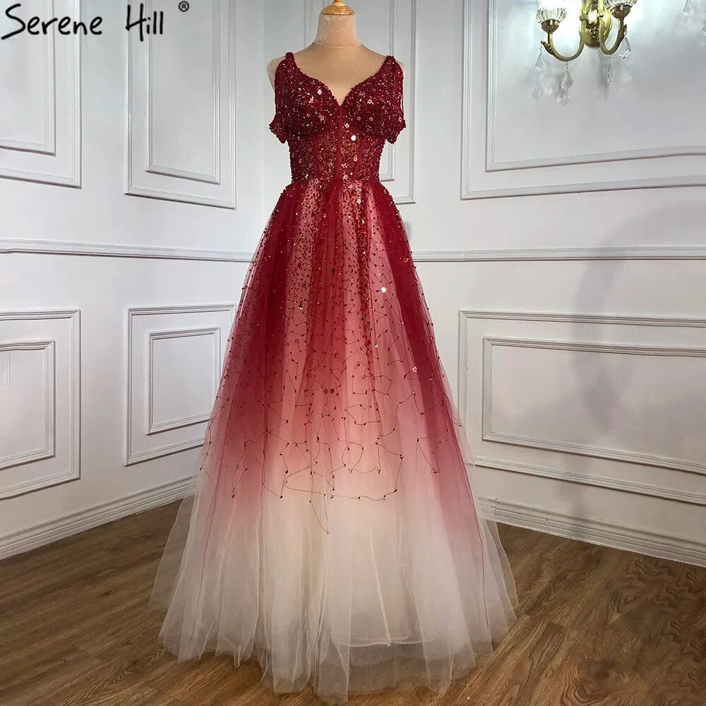 Arabic Gradual Change Red Evening Dresses Gowns 2025 Beaded Luxury A Line Sexy For Women Wedding Party LA70983