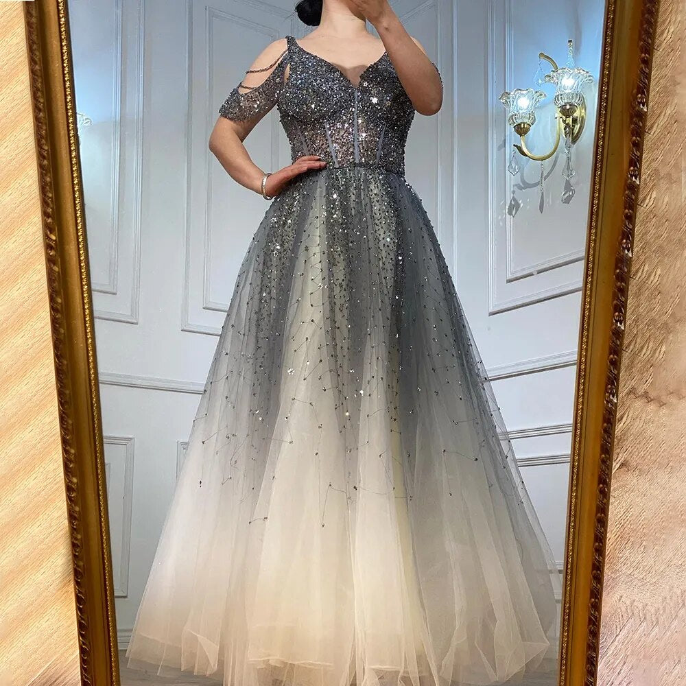 Arabic Gradual Change Red Evening Dresses Gowns 2025 Beaded Luxury A Line Sexy For Women Wedding Party LA70983