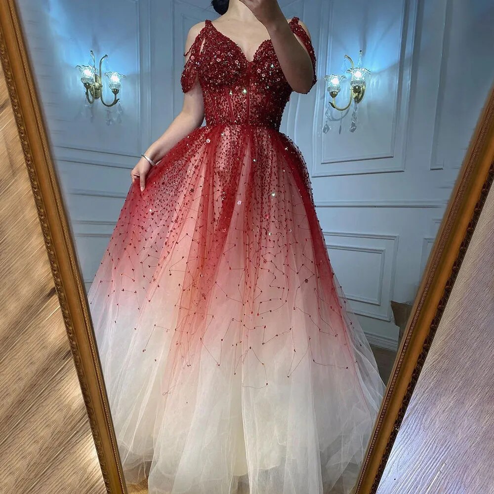 Arabic Gradual Change Red Evening Dresses Gowns 2025 Beaded Luxury A Line Sexy For Women Wedding Party LA70983