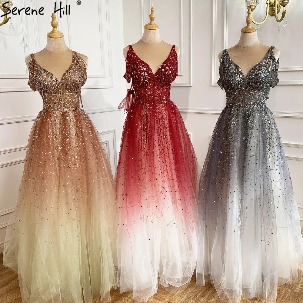 Arabic Gradual Change Red Evening Dresses Gowns 2025 Beaded Luxury A Line Sexy For Women Wedding Party LA70983
