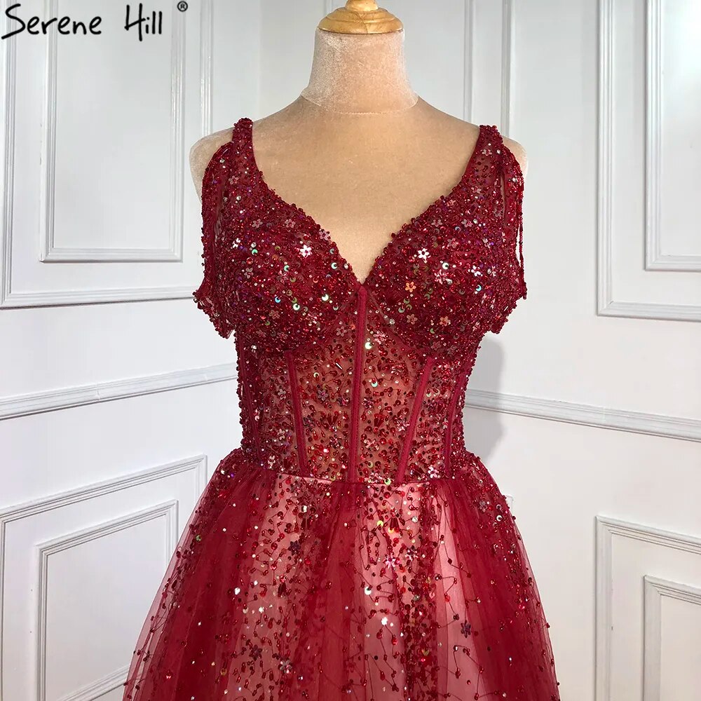 Arabic Gradual Change Red Evening Dresses Gowns 2025 Beaded Luxury A Line Sexy For Women Wedding Party LA70983